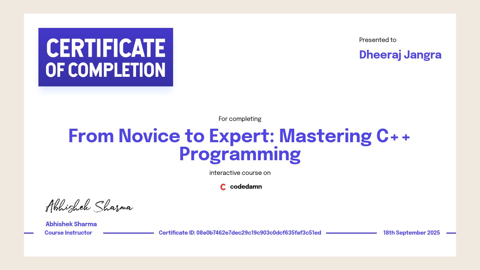 Dheeraj Jangra's certification for From Novice to Expert: Mastering C++ ...