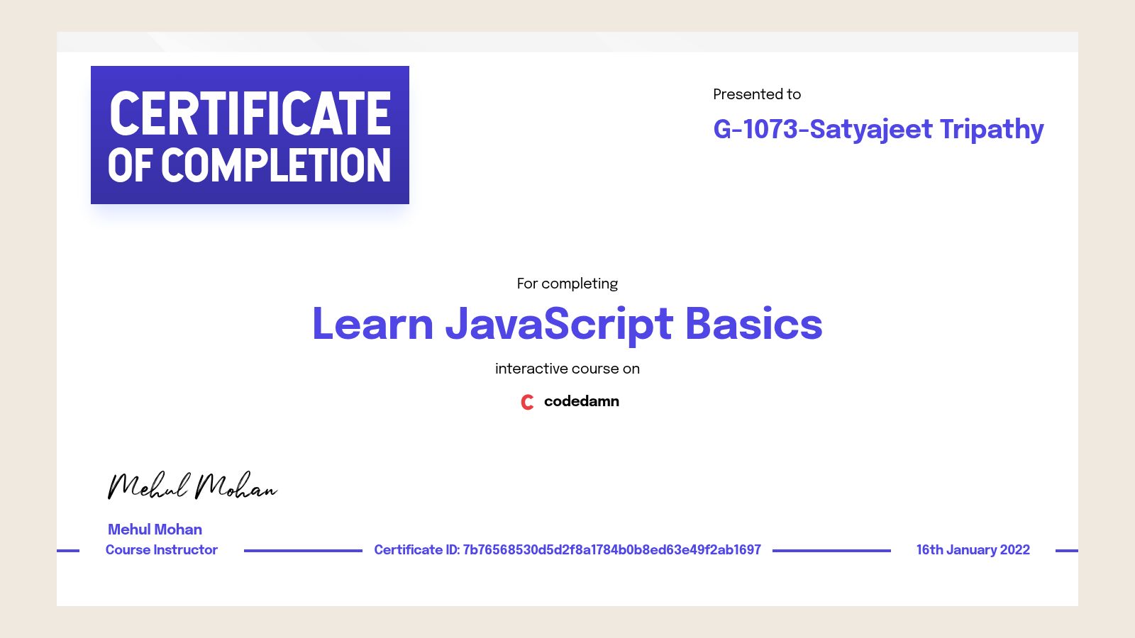 G-1073-Satyajeet Tripathy's certification for Learn JavaScript Basics ...