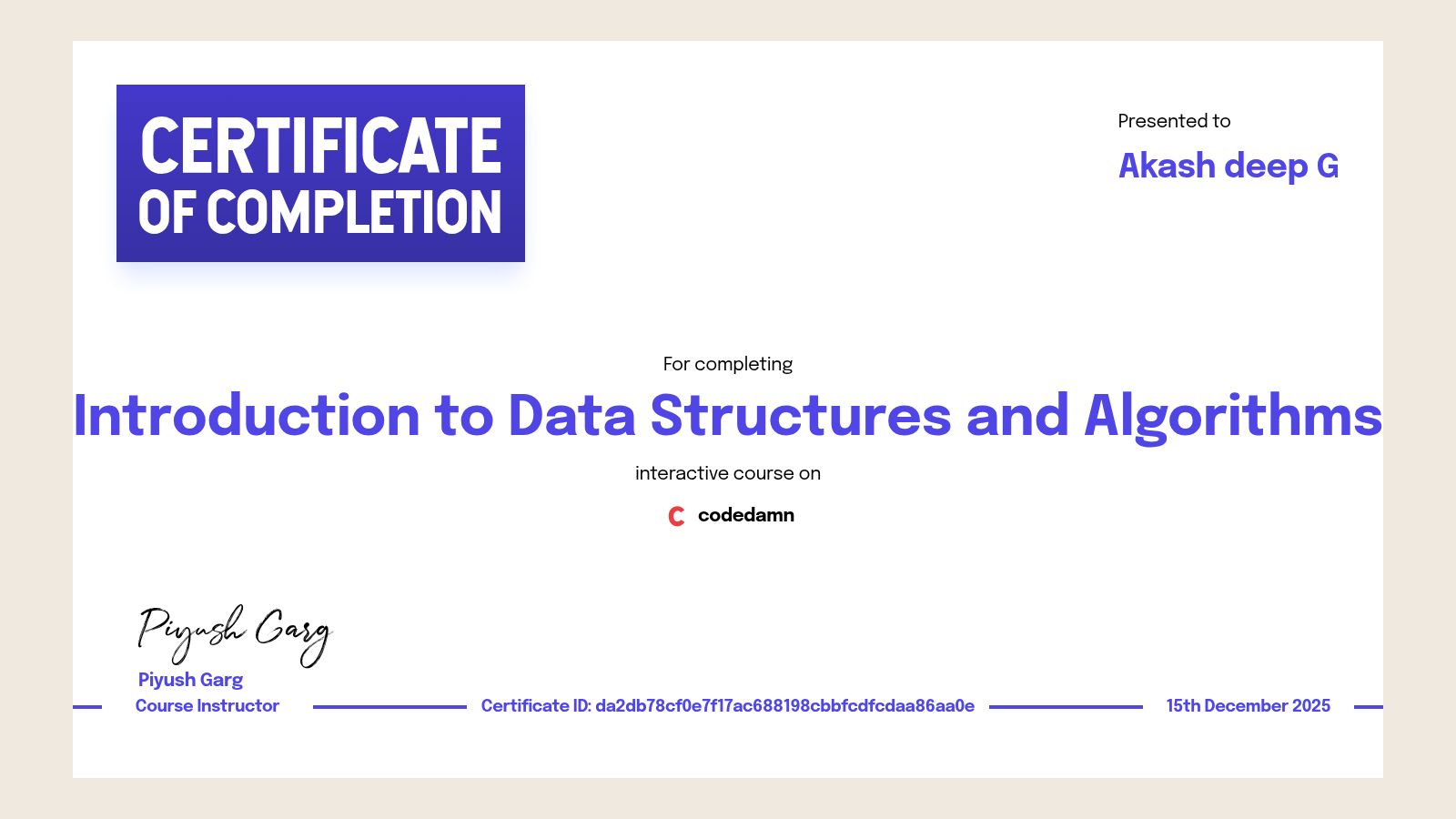 Akash deep G's certification for Introduction to Data Structures and ...