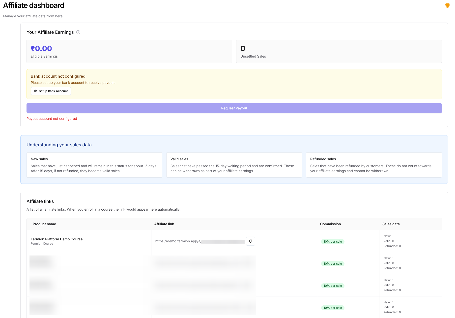 Dashboard with earnings and bank account