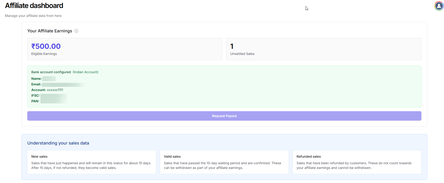 Configured bank account and payout button