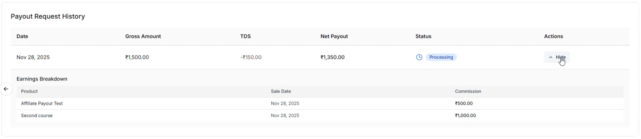 Payout request history with earnings breakdown